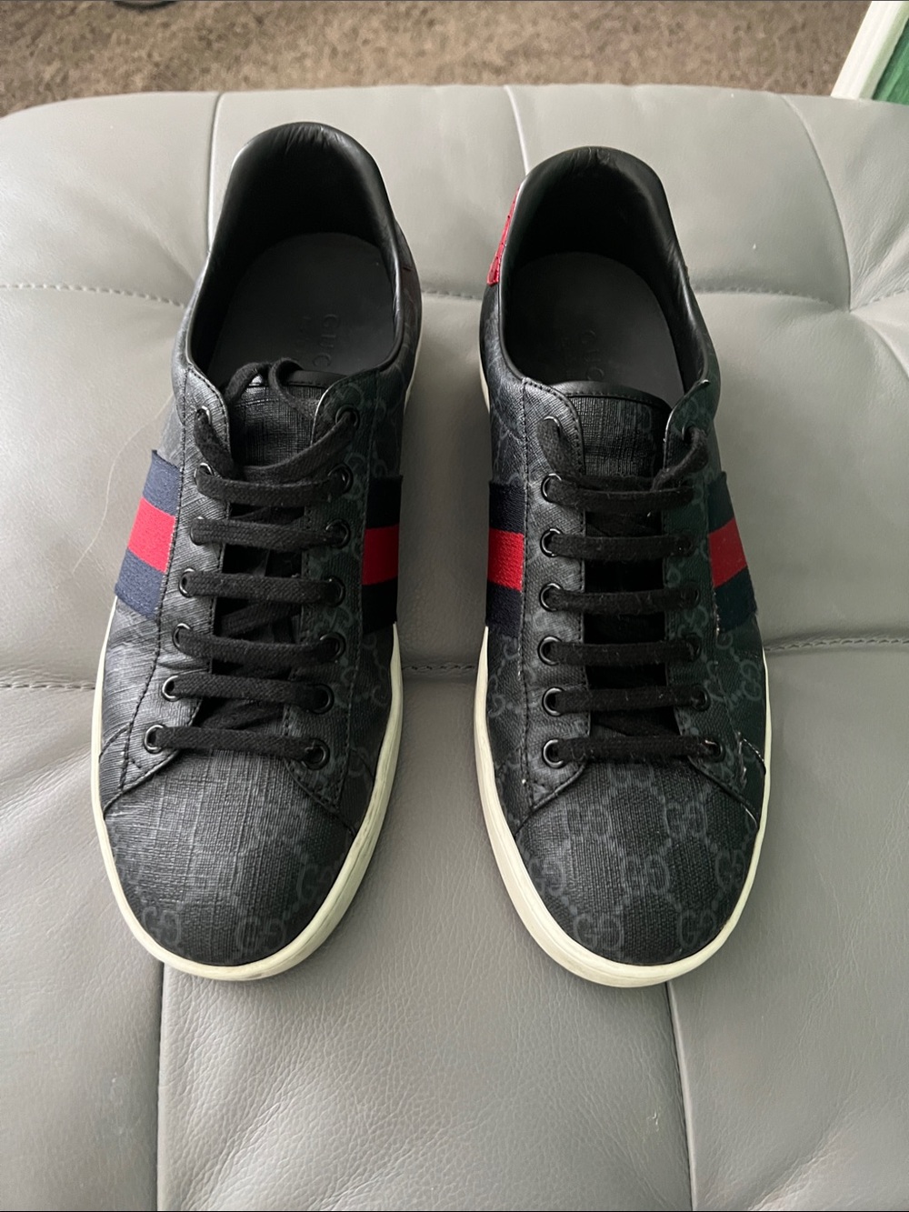 GUCCI Black-Style Men's Low-Top Sneakers with Red & Navy Stripe.size 9UK